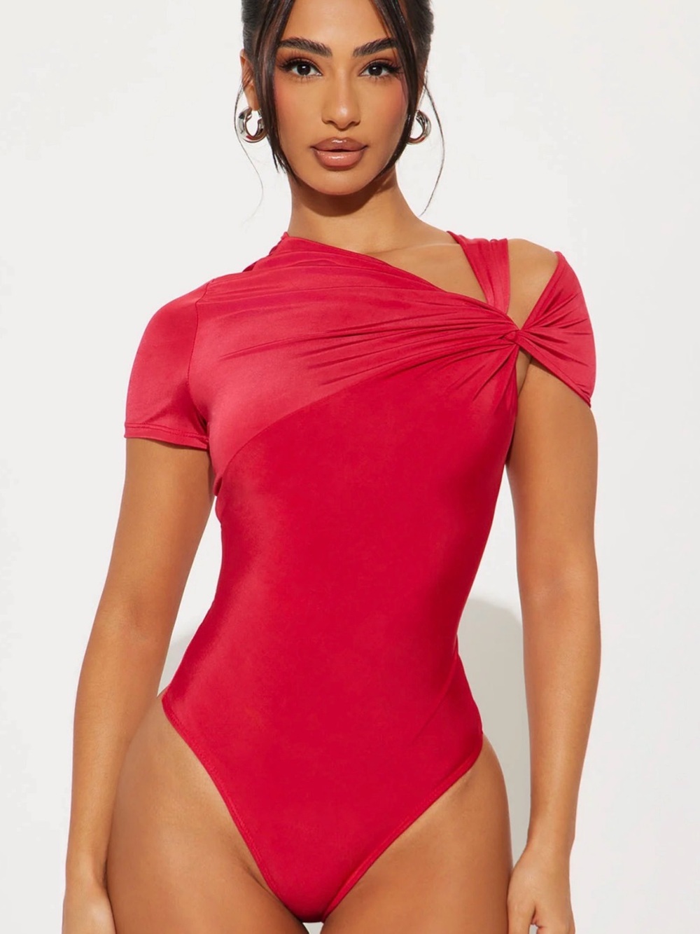 Fashion Nova Red Twist-Shoulder Bodysuit L